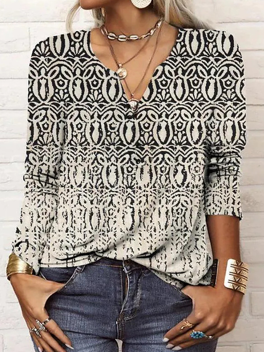 Casual Vintage Ethnic Print Long Sleeve T-Shirt
