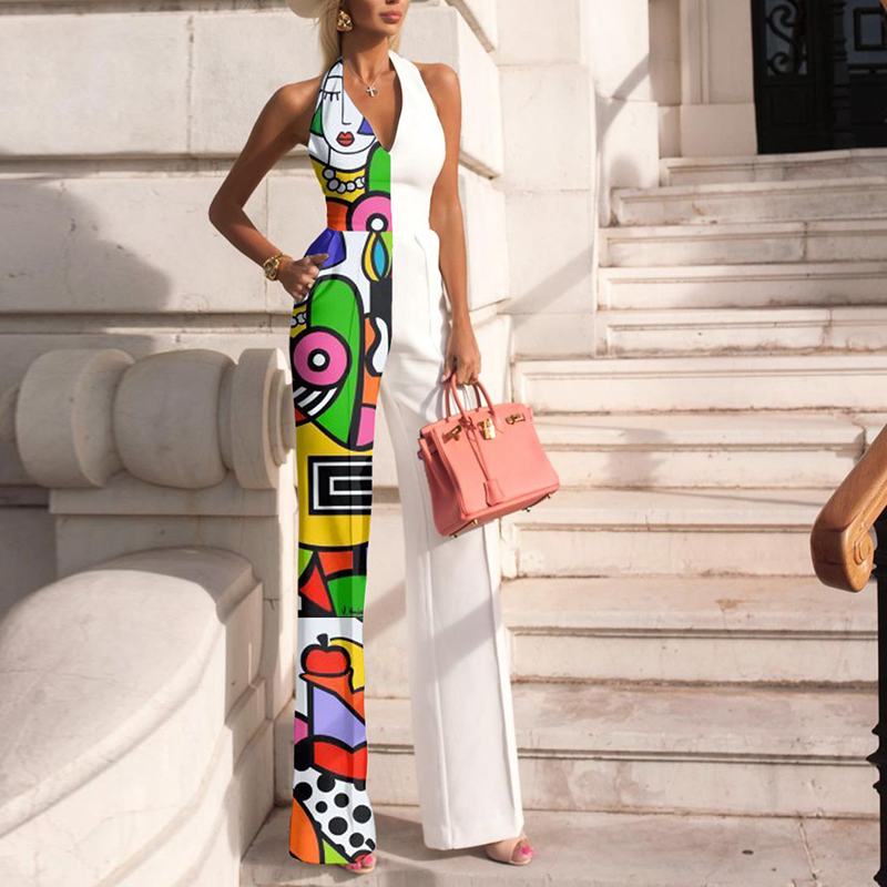 Fashion Halter Sleeveless Abstract Print Jumpsuit