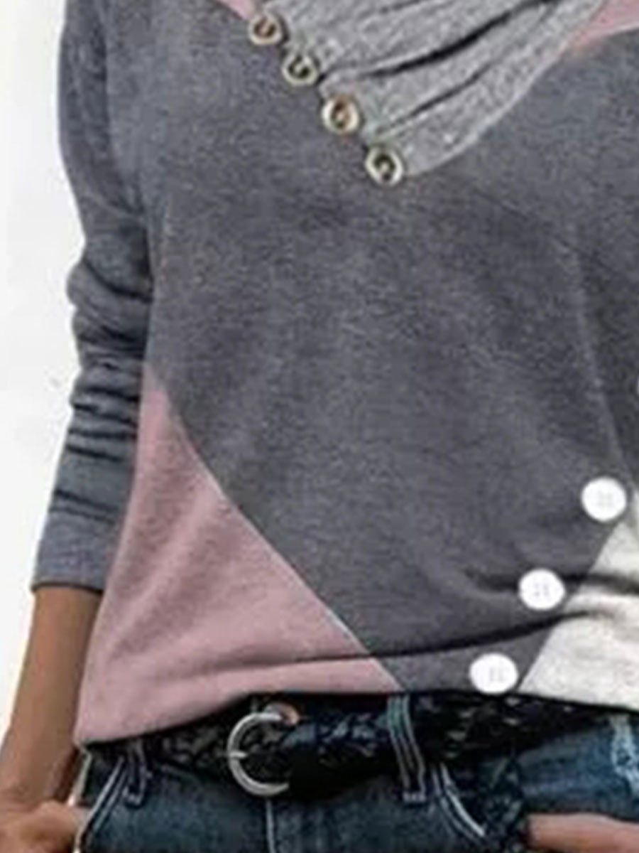 Colorblock Fashion Print Lapel Long Sleeve Casual T-shirt