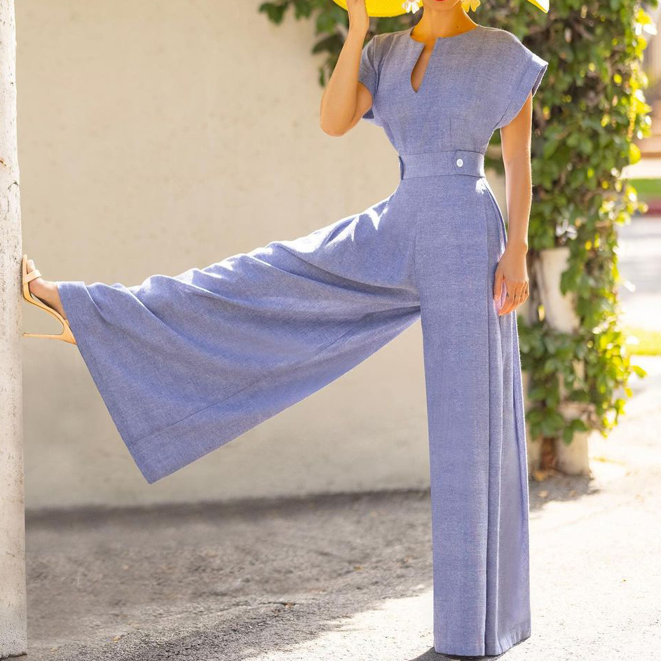 Elegant Floral Gray Small V-neck Jumpsuit