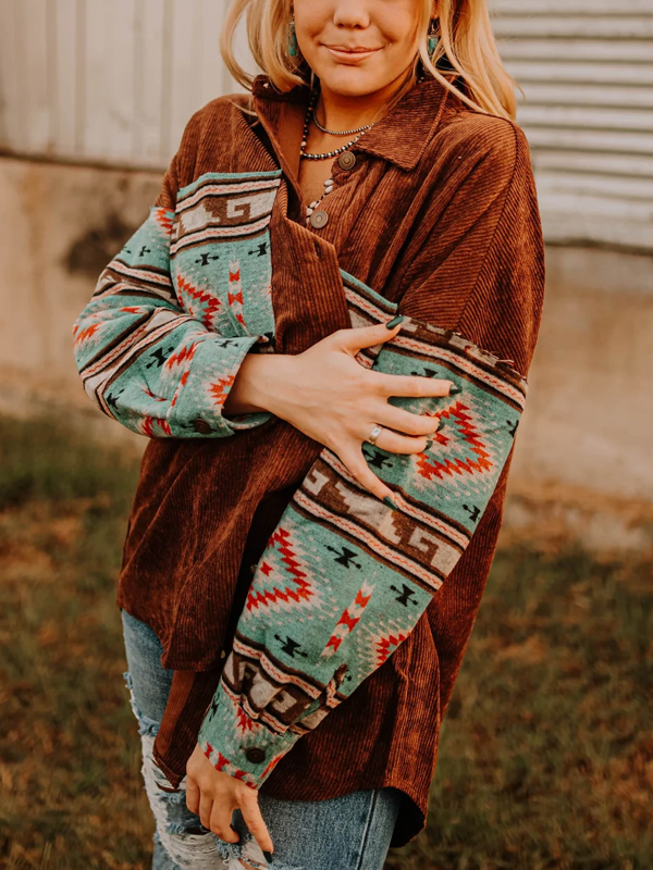Flannel Panel Aztec Geometric Shirt Jacket For Women