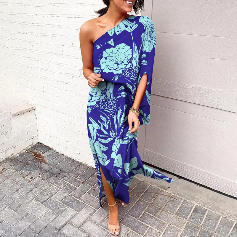 Ladies Print Drop Shoulder Short Sleeve Loose Slit Dress