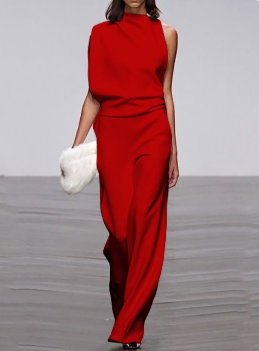 Women's Commuting Asymmetry Sleeve Pure Colour Jumpsuit