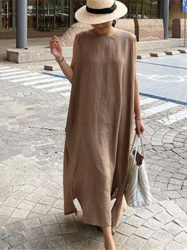 Round Neck Sleeveless Loose Cotton Linen Long Dress