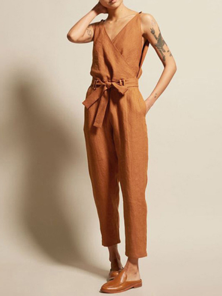 Women's Classic V Neck Belted Jumpsuit