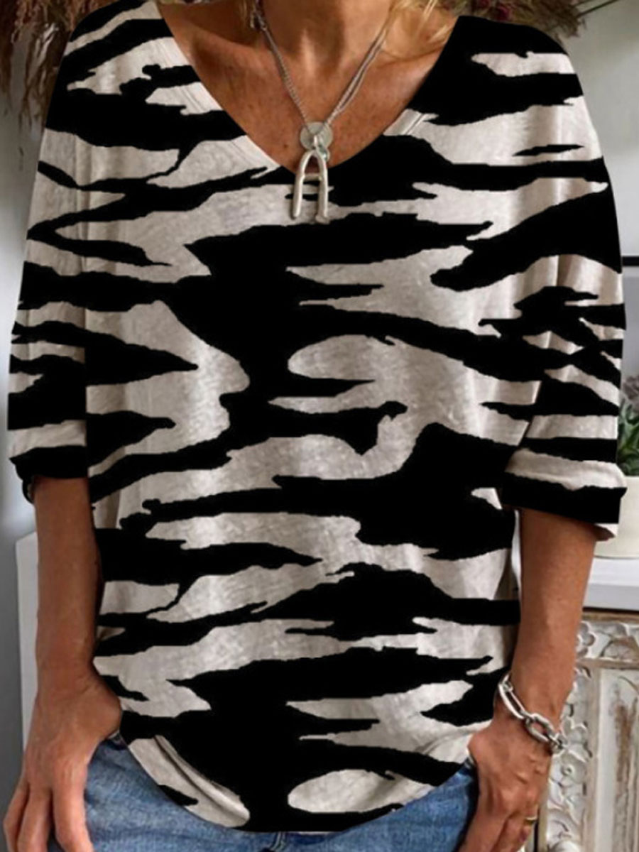 V-neck Casual Loose Striped Print Long Sleeve T-shirt