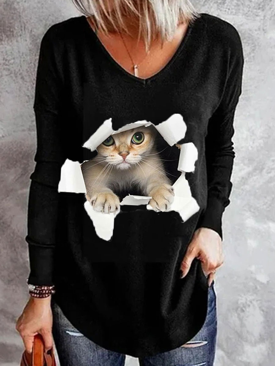 Cat Print V-neck Long-sleeved Casual Fashion T-shirt