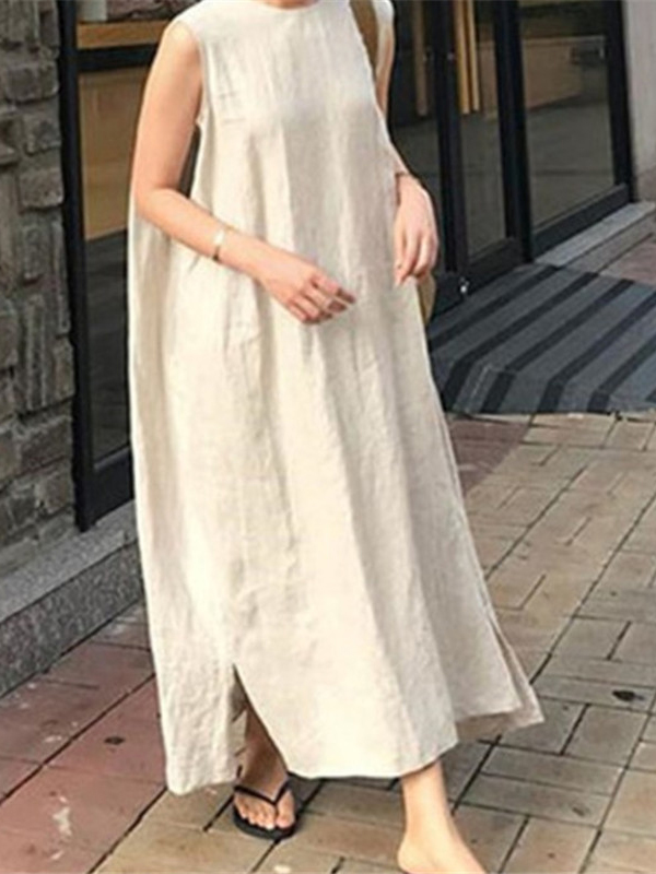 Round Neck Sleeveless Loose Cotton Linen Long Dress