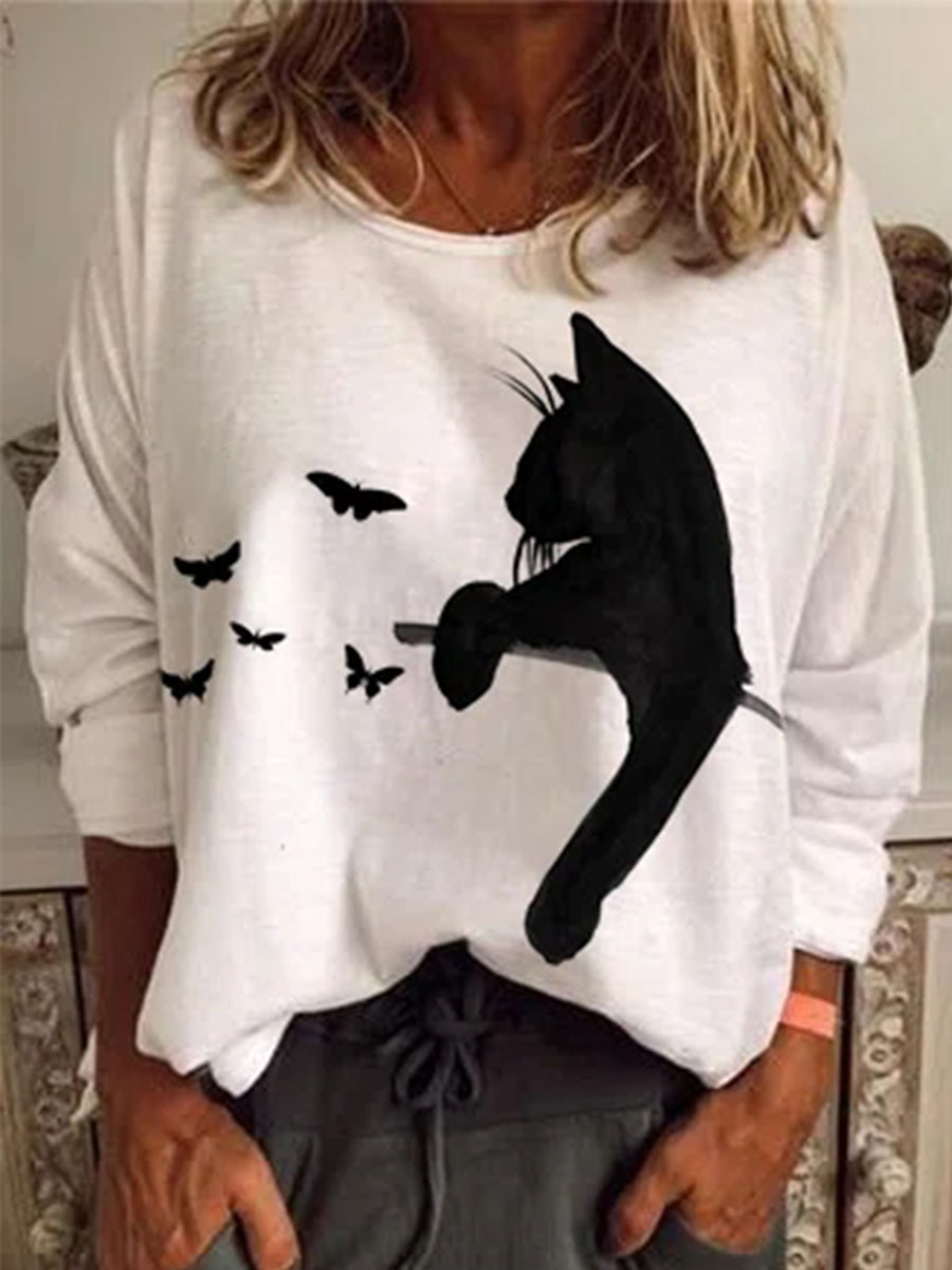 Cat Print Fashion Round Neck Long Sleeve Casual T-shirt