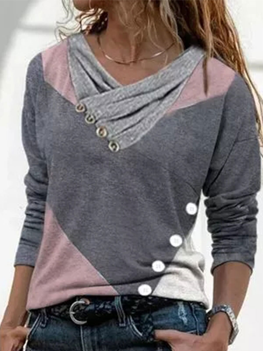 Colorblock Fashion Print Lapel Long Sleeve Casual T-shirt