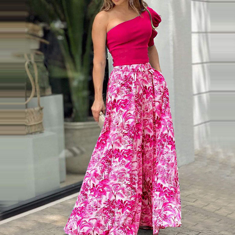 Ladies Elegant One Shoulder Sleeve Top Print Swing Skirt Set