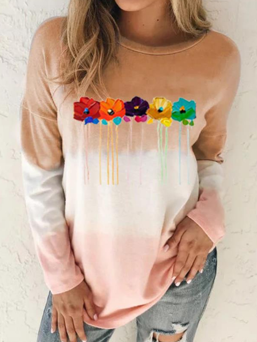 Casual Floral Print Loose Crew Neck Long Sleeve T-Shirt