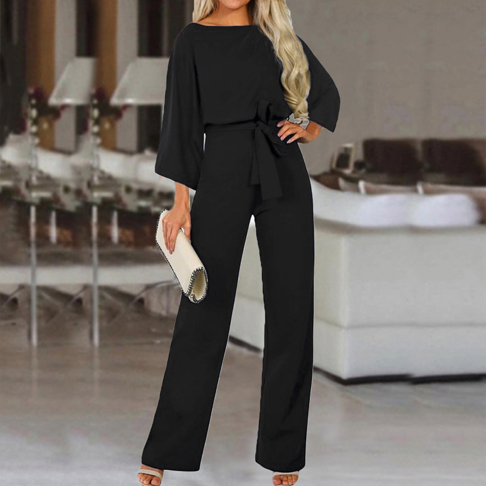 Solid Color Round Neck Long Sleeve Belted Jumpsuit