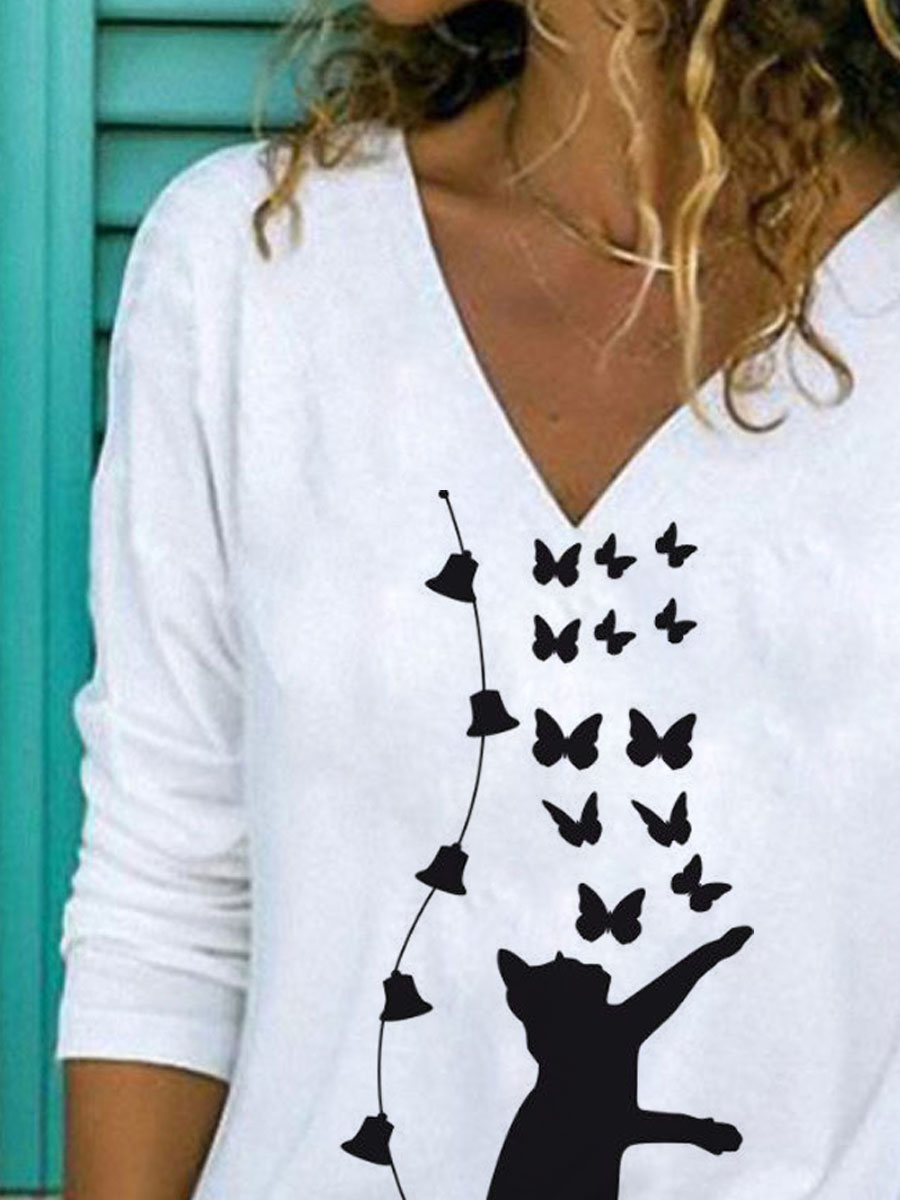 V-neck Cat Print Casual Loose Long-sleeved T-shirt