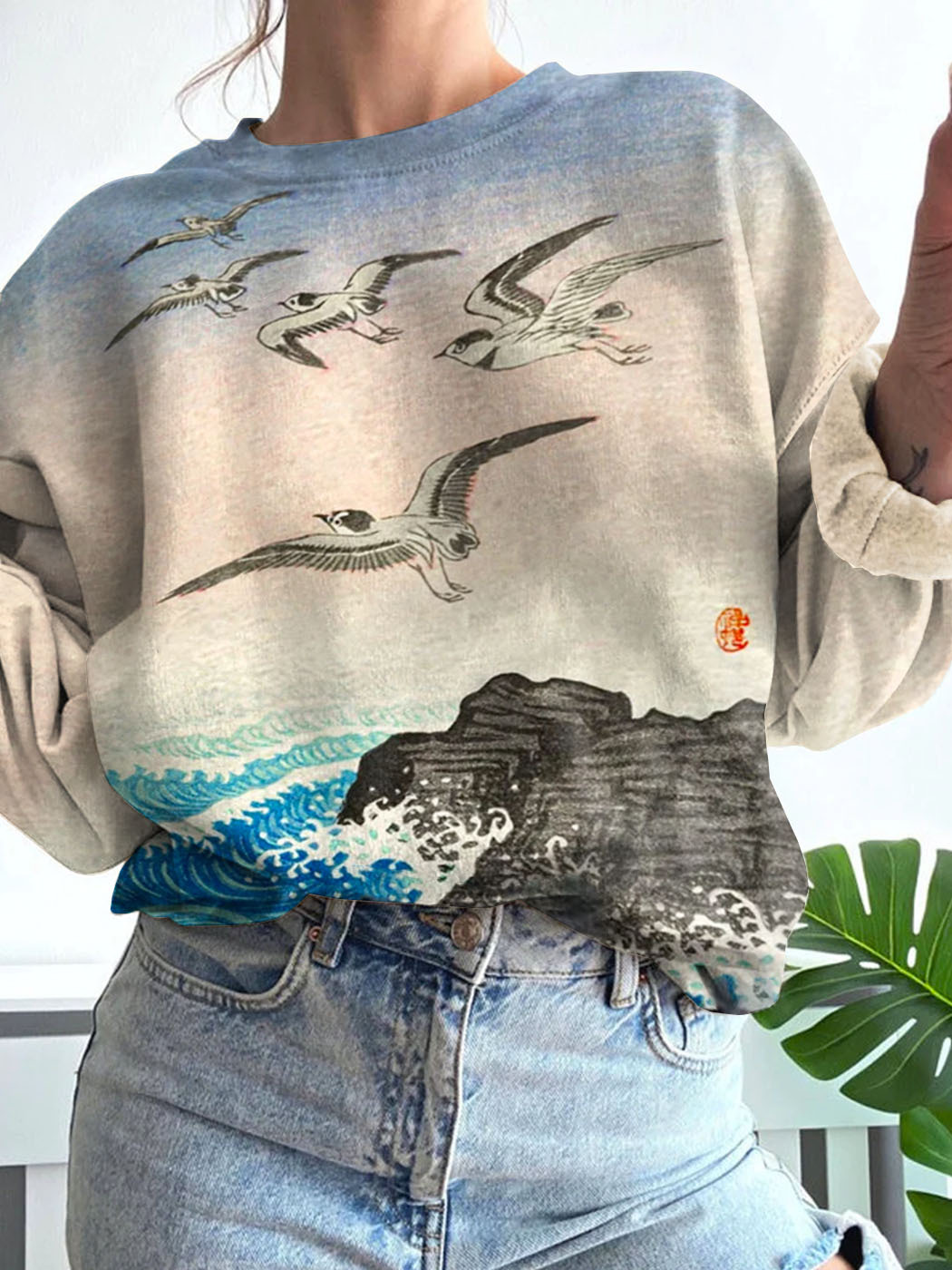 Japanese Art Painting Seagull Print Sweatshirt