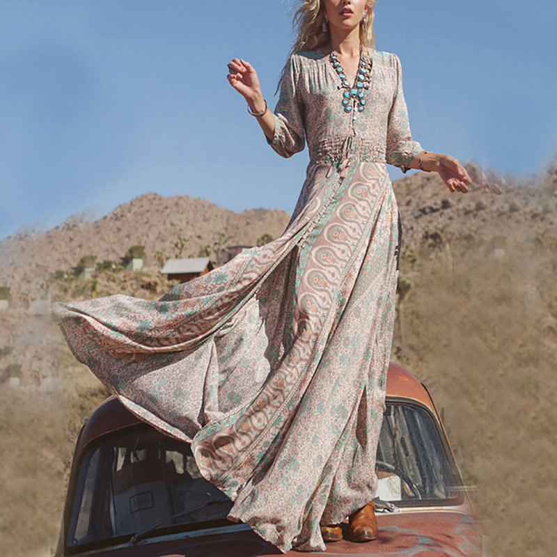 Ladies Chic Chiffon Sexy Sleeve Print Maxi Dresses