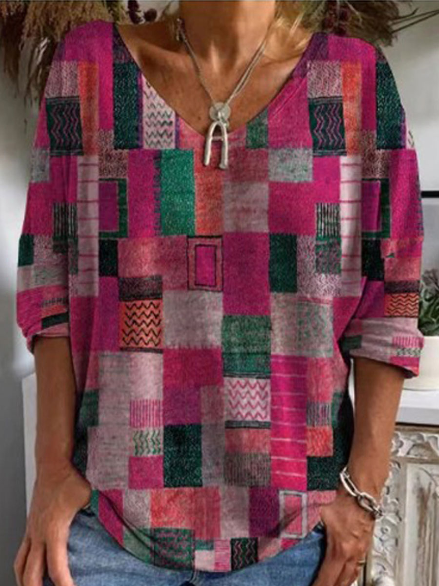 V-neck Casual Loose Vintage Geometric Print Long Sleeve T-shirt