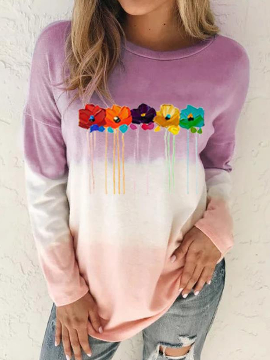 Casual Floral Print Loose Crew Neck Long Sleeve T-Shirt