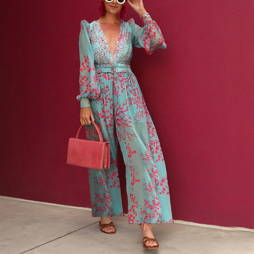 Floral Print V-neck Long Sleeve Jumpsuit