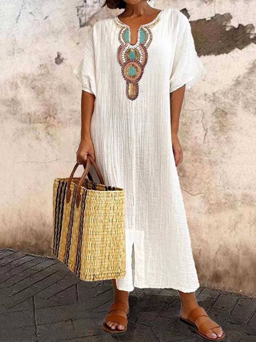V-neck Casual Loose Retro Ethnic Print Short-sleeved Maxi Dress