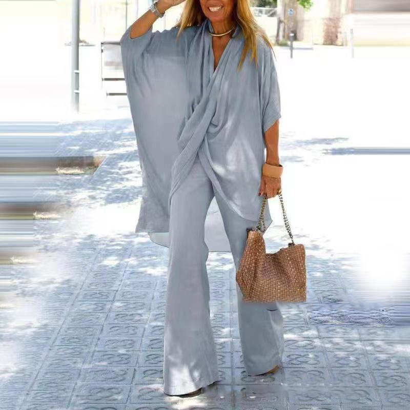 New Women's Stitching Raglan Sleeve Top Flared Two-piece Set