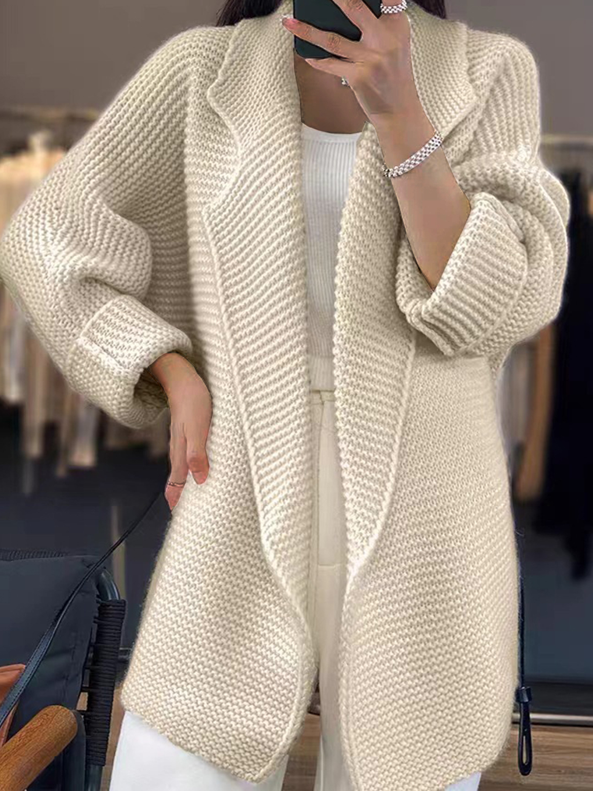 Women's Lapel Solid Color Thickened Knitted Sweater Loose Mid-length Cardigan Coat