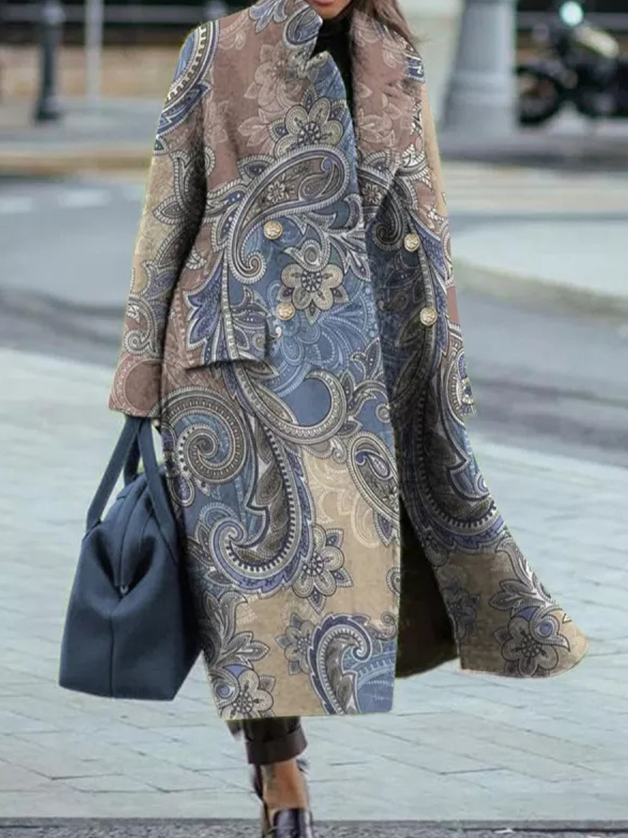 Loose Casual Vintage Print Lapel Long Sleeve Coat