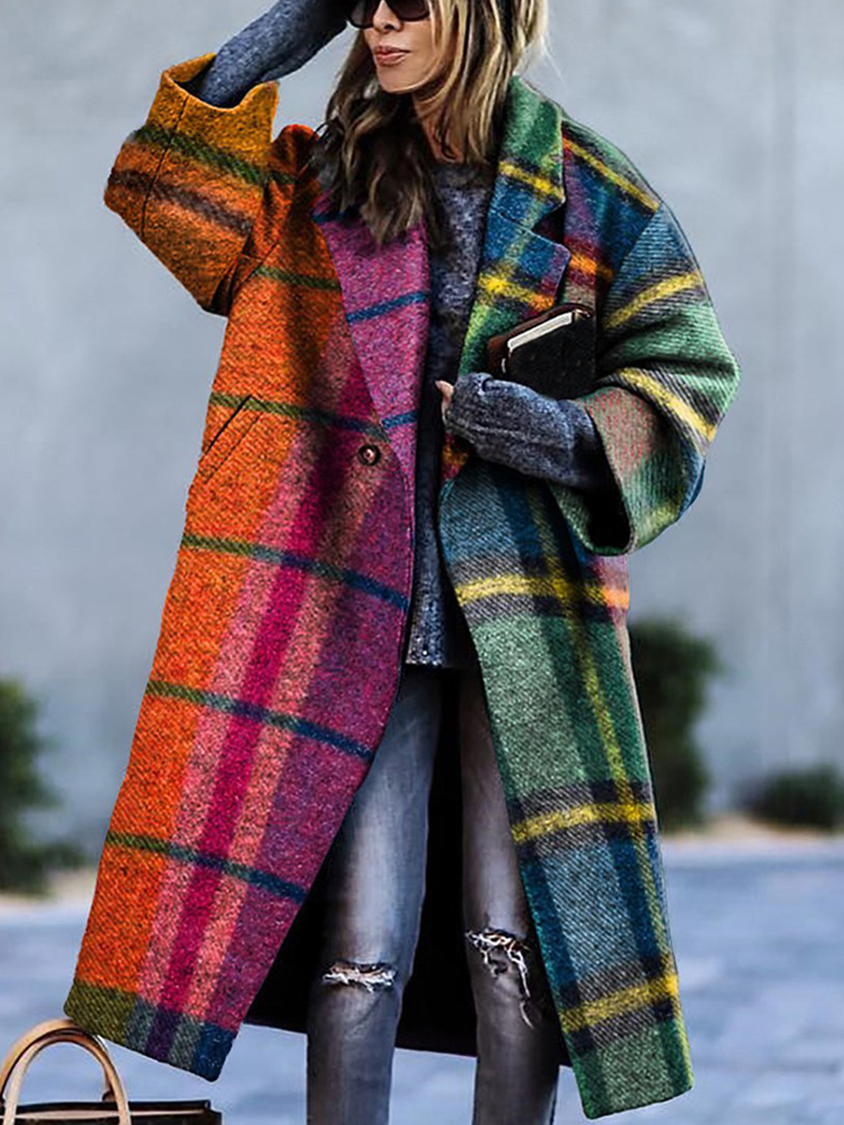 Women's Retro Colorful Plaid Print Thick Mid-Length Woolen Coat