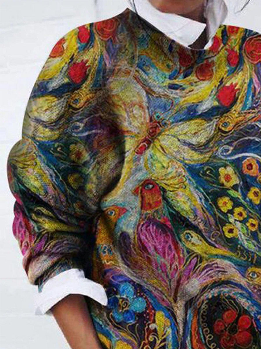 Casual Fashion Flower Print Long-Sleeved Pullover