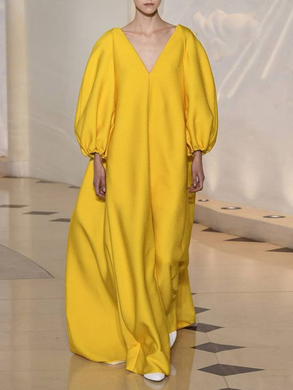 Vintage V-Neck Lantern Sleeve Evening Gown