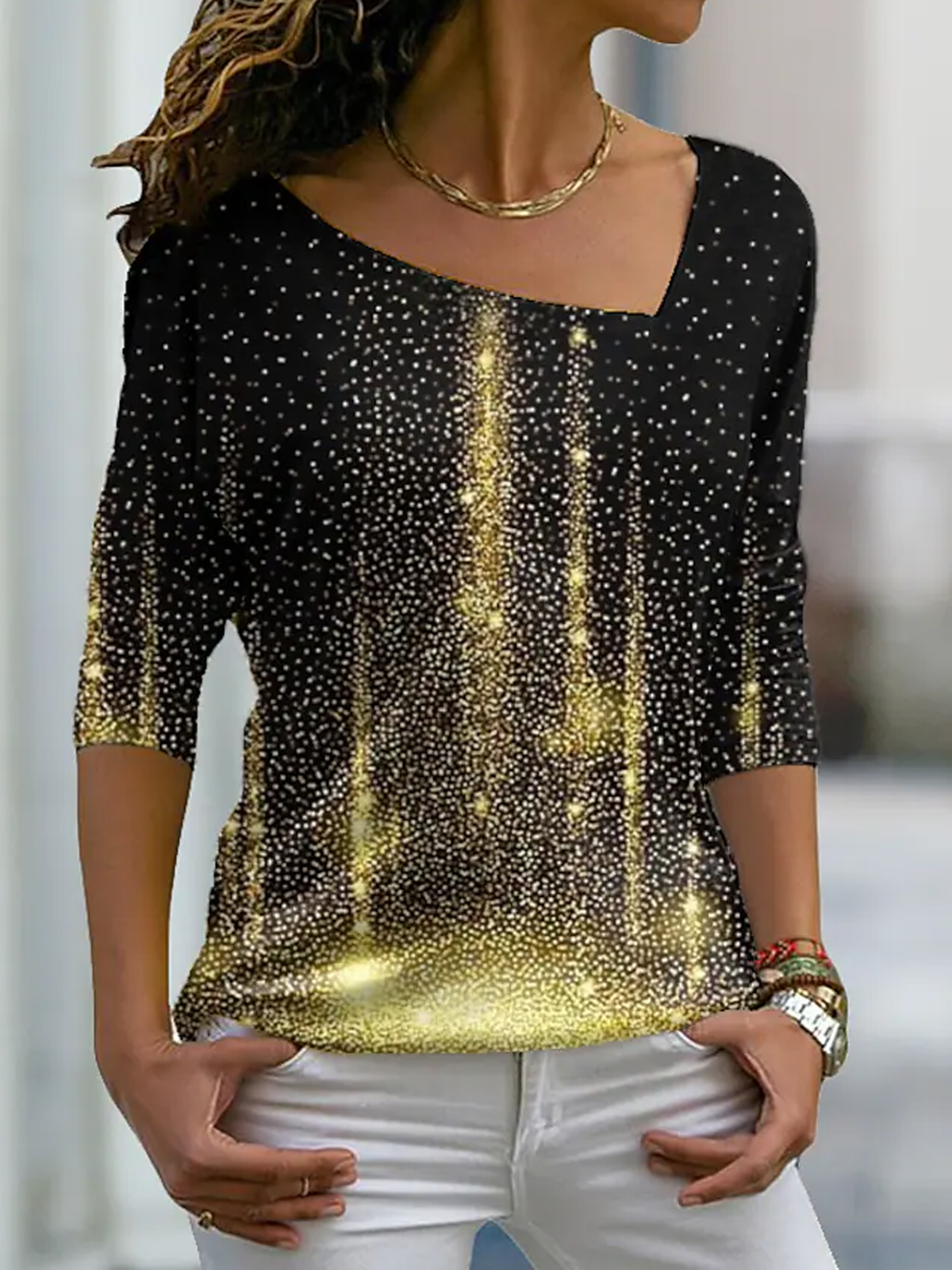 Casual Sequin Print V-neck T-shirt
