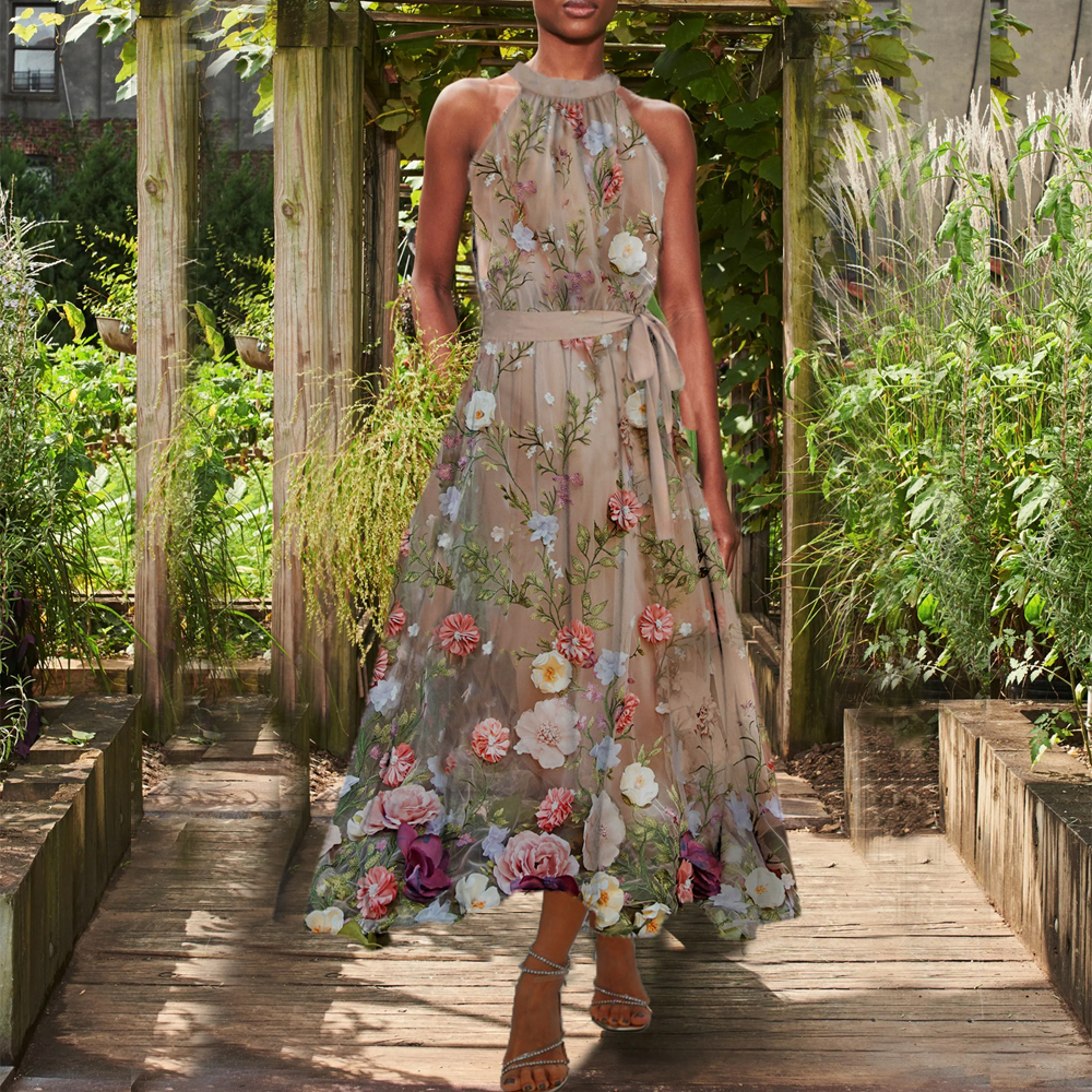 Floral Print Belted Sleeveless Halter Neck Maxi Dress