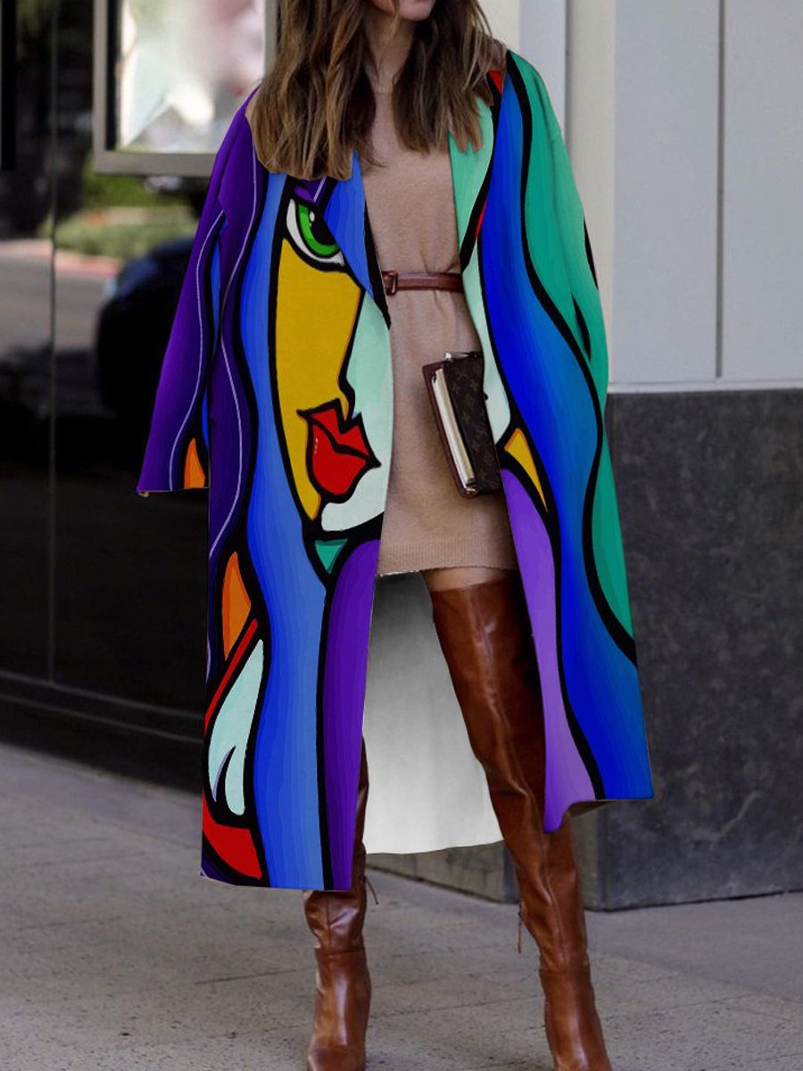 Loose Casual Abstract Print Wool Lapel Long Sleeve Coat