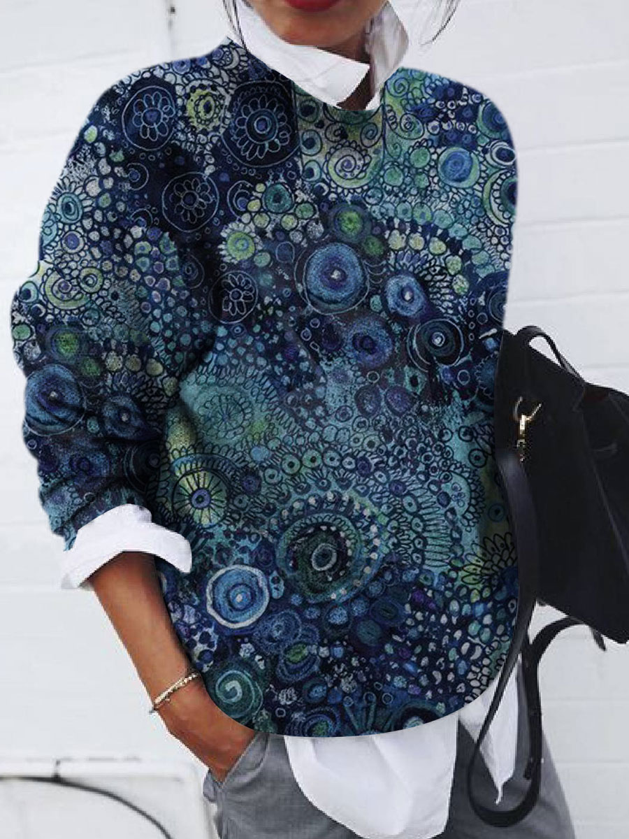 Round Neck Casual Loose Sweater Geometric Print Pullover