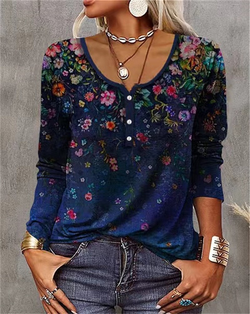Women Casual Printed U-neck Long Sleeves T-shirt