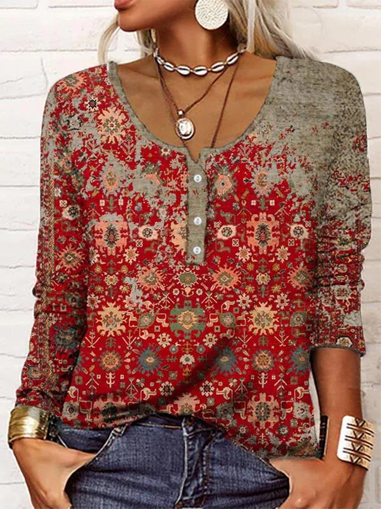 Round Neck Casual Loose Vintage Print Long Sleeve T-shirt