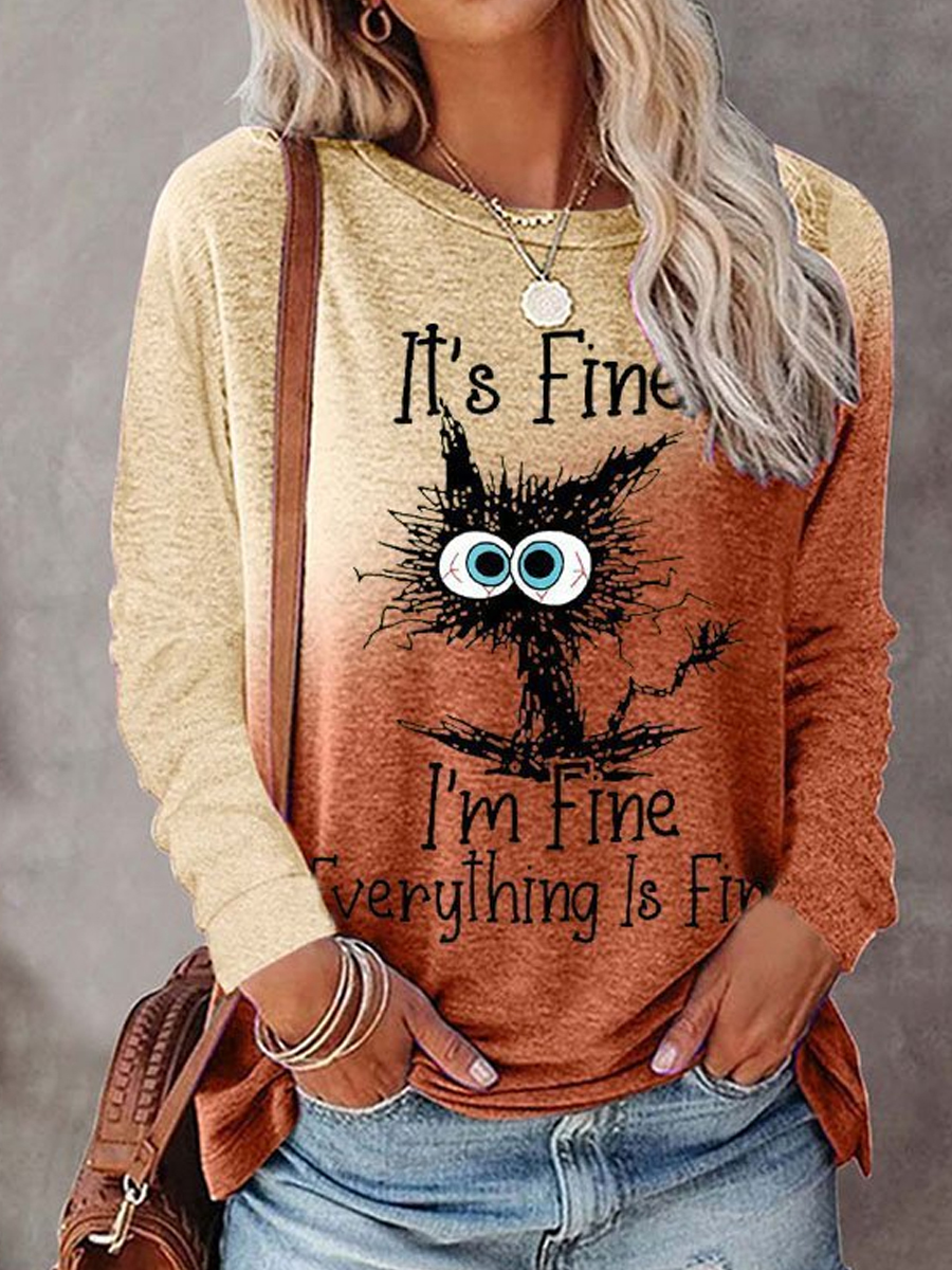 Casual Cat Print Crew Neck Long Sleeve T-Shirt