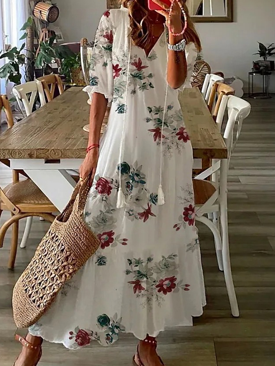 Casual Loose V-Neck Printed Short Sleeve Maxi Dress