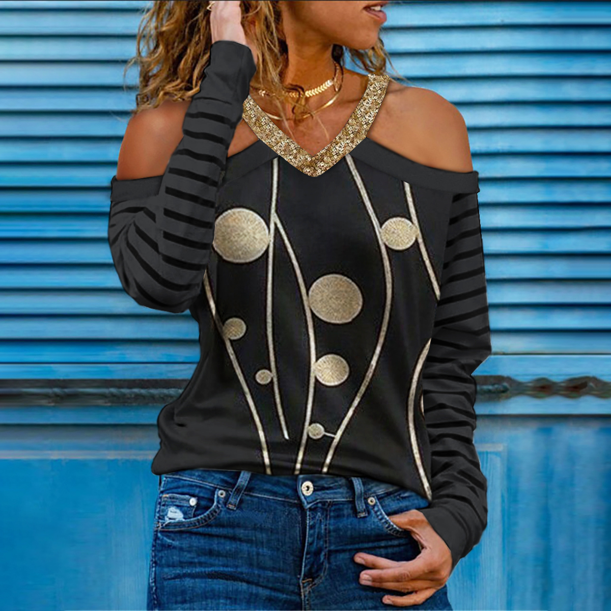 Fashion Polka Dot Printed V-neck T-shirt
