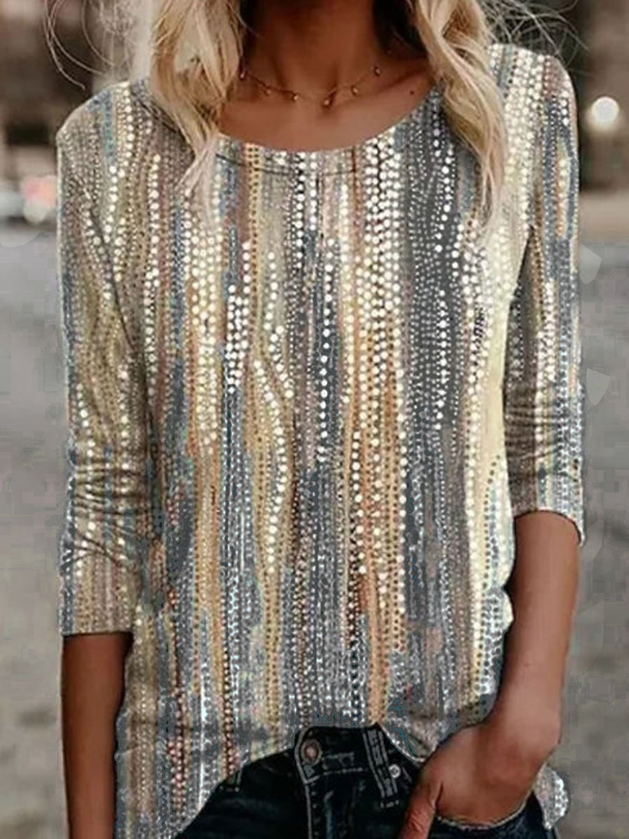 Round Neck Casual Loose Vintage Print Long Sleeve T-shirt