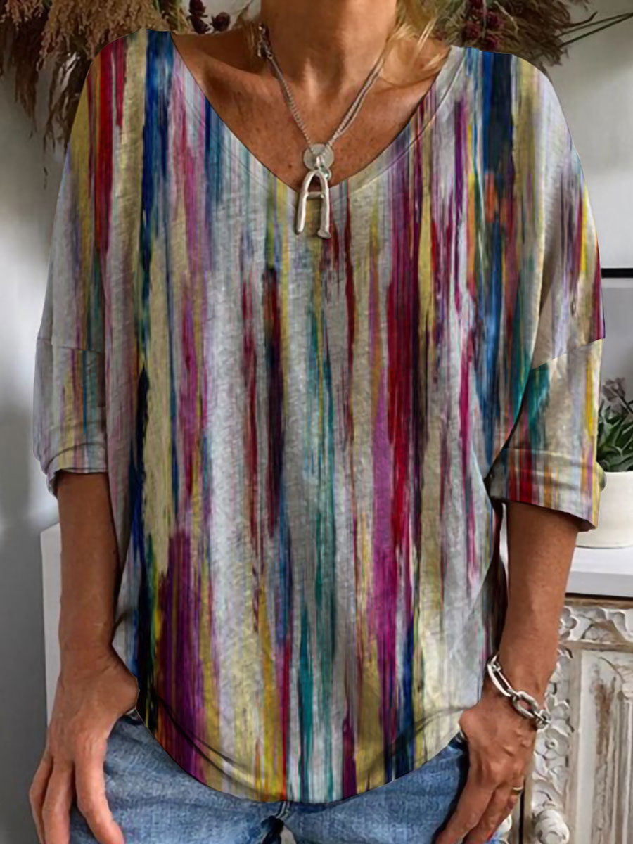 V-neck Casual Loose Striped Print Long Sleeve T-shirt