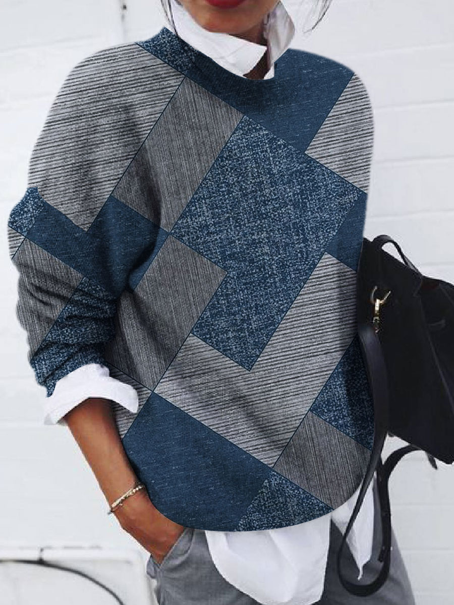 Round Neck Casual Loose Sweater Geometric Print Pullover