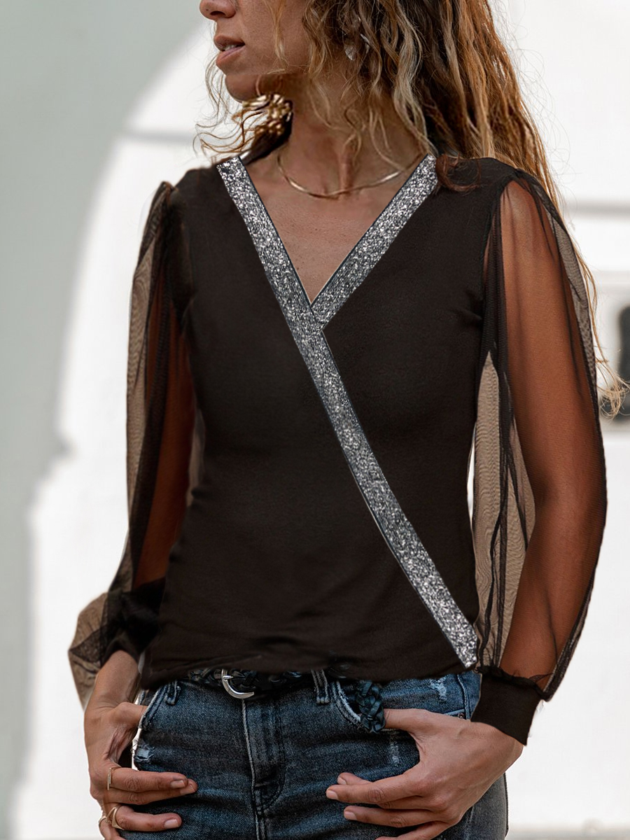 Fashion Sequin Print V-neck Mesh Sleeve Top Women