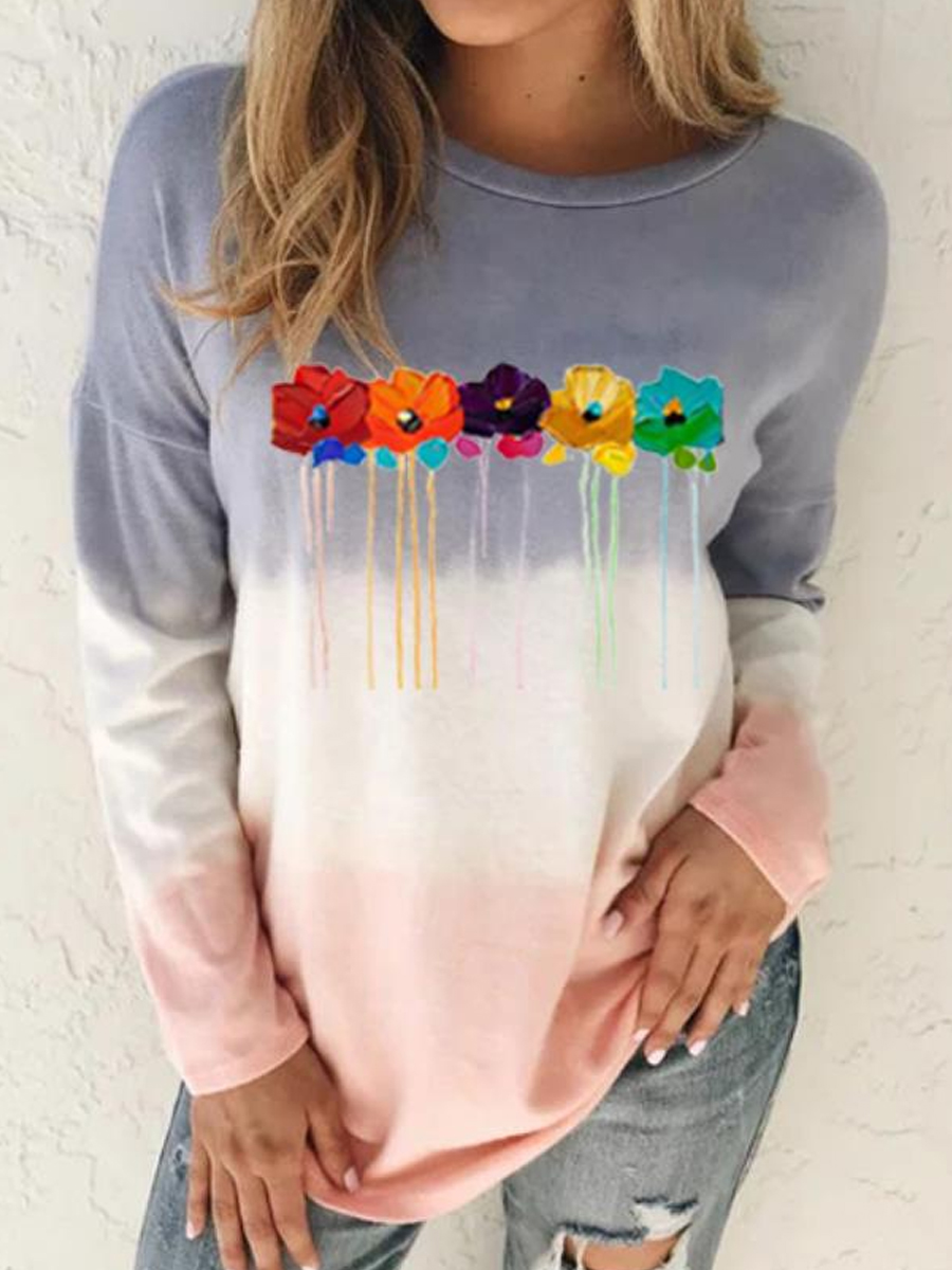 Casual Floral Print Loose Crew Neck Long Sleeve T-Shirt