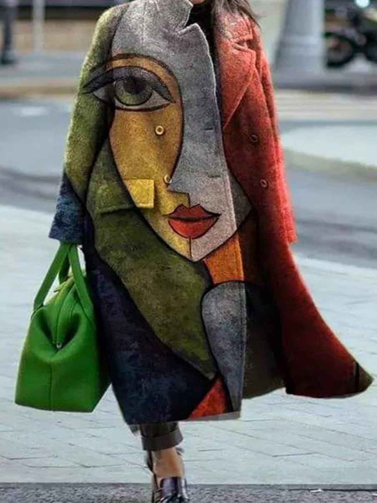 Women's Retro Abstract Print Thick Mid-Length Woolen Coat