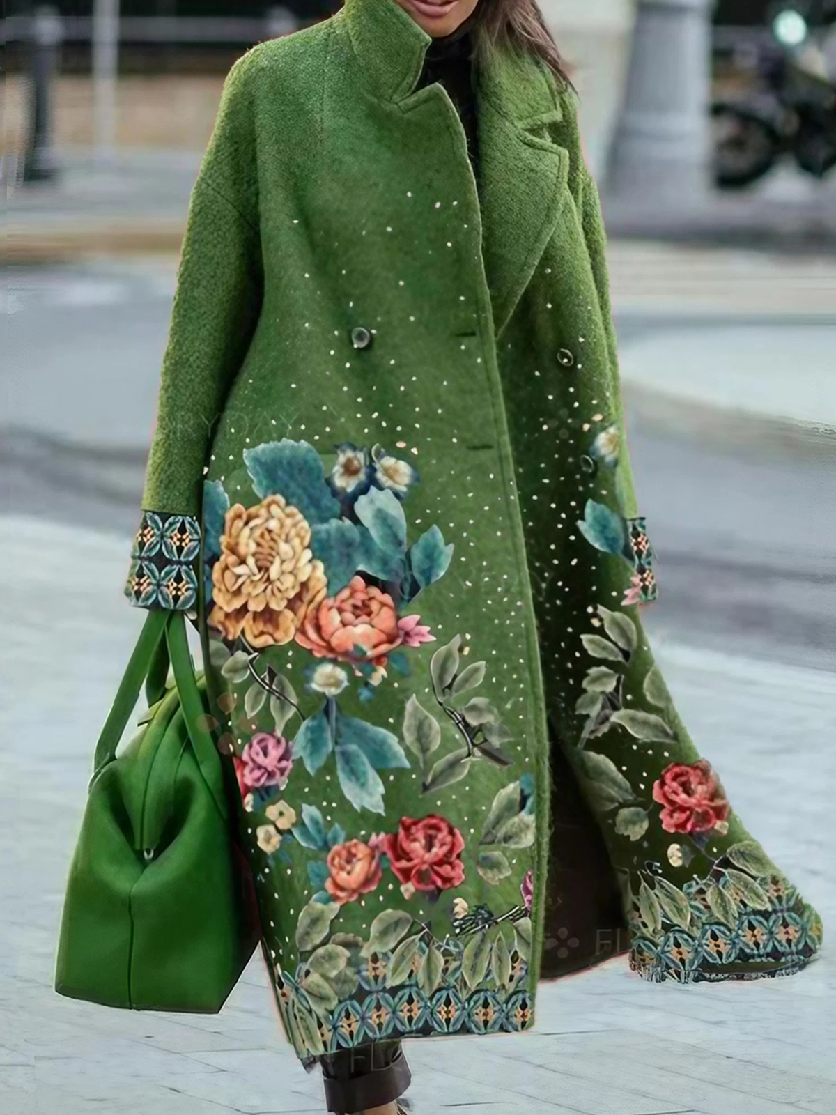 Women's Retro Floral Print Thick Mid-length Woolen Coat