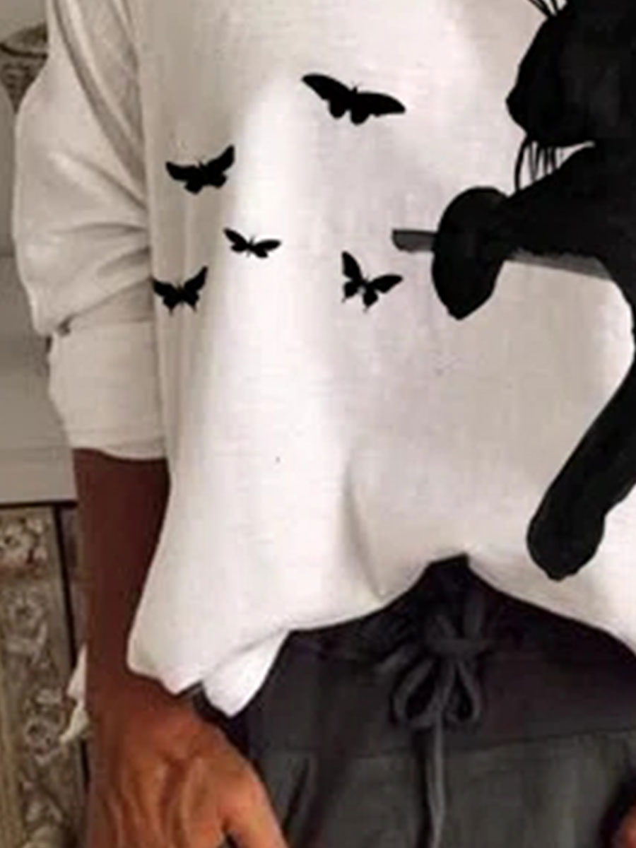 Cat Print Fashion Round Neck Long Sleeve Casual T-shirt