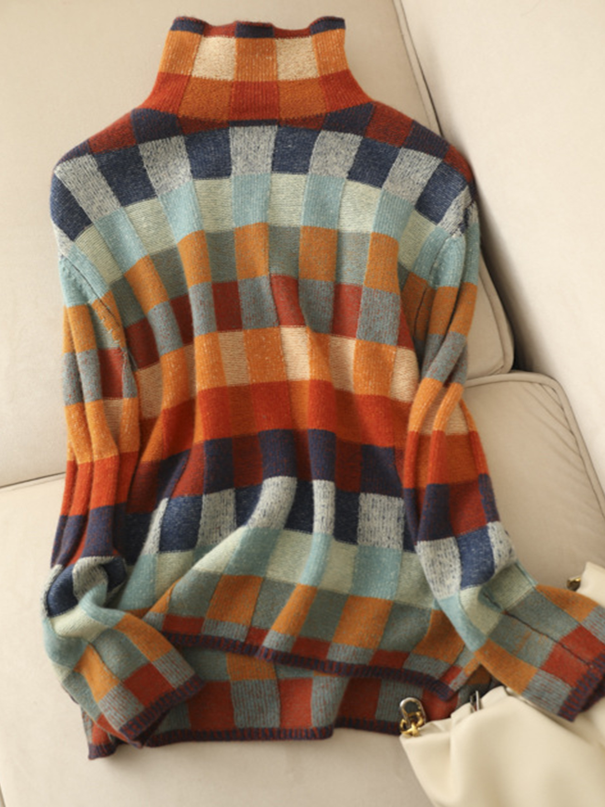 Women's Vintage Colorful Checkerboard Knit Turtleneck Sweater