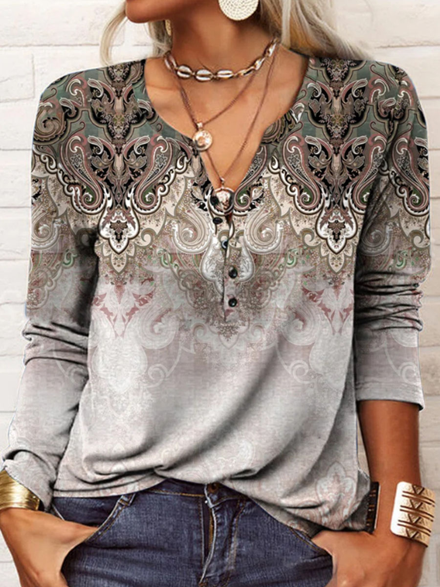 Round Neck Casual Loose Vintage Print Long Sleeve T-shirt