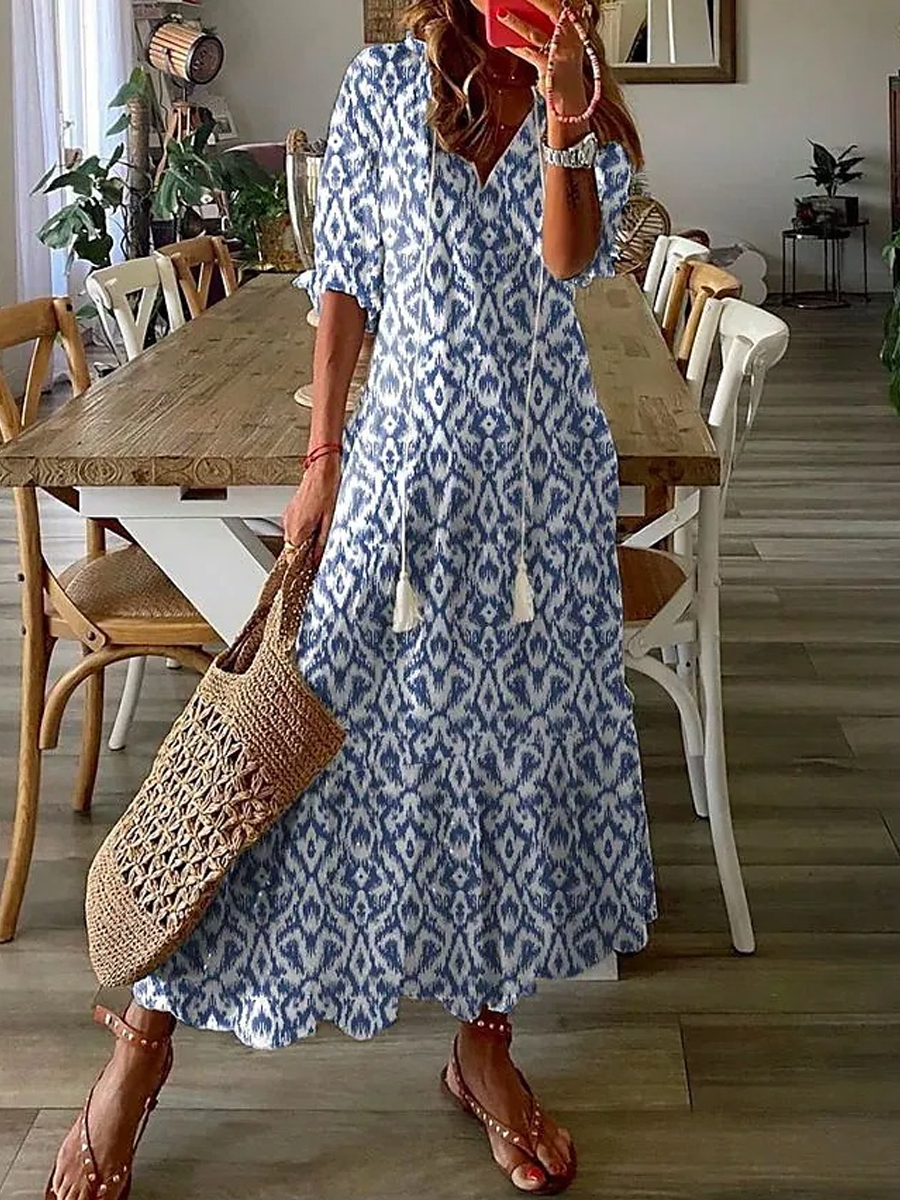 Casual Loose V-Neck Printed Short Sleeve Maxi Dress